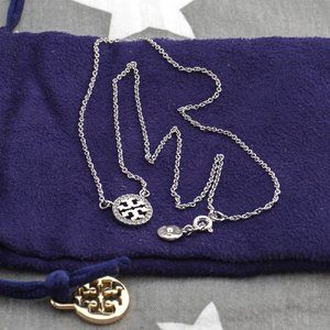 Tory Burch Miller Pavé Logo Pendant Necklace in Silver (Brand New)